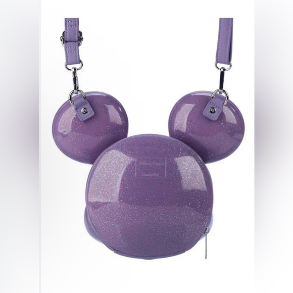 Disney Parks Mickey Mouse Loungefly Molded Head Purple Glitter Crossbody - Picture 3 of 4